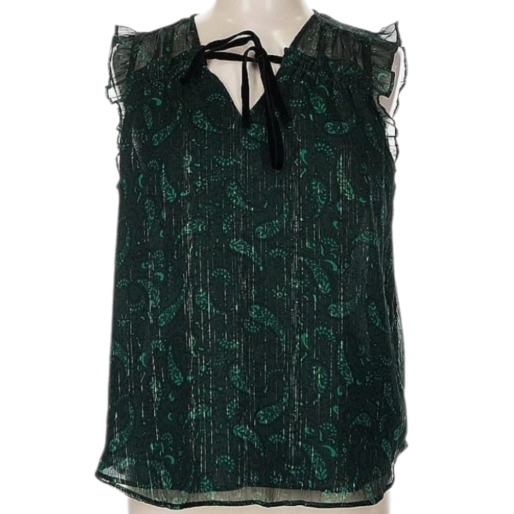 Loft Sheer Green Black Shimmer Velvet Tie Neck Ruffle Sleeveless‎ Blouse Top L - Picture 2 of 15